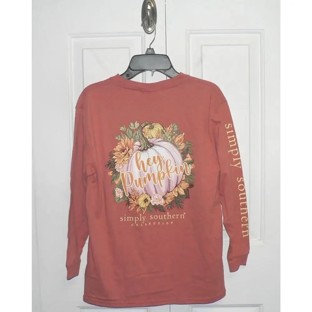Simply Southern Kids Hey Pumpkin Long Sleeve Crew T-Shirt in Pumpkin Medium $26‎